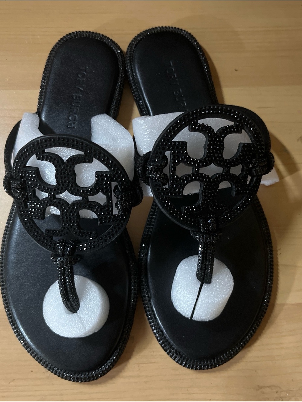 Tory Burch Black Logo Thong Sandals with Crystal Trim